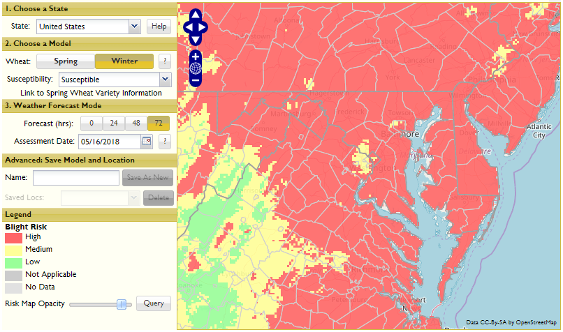 72 hour risk map for scab for maryland