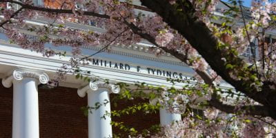 Tydings Hall with cherry blossoms in the foreground.
