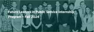 This image shows an image of interns smiling with a politician. The image is filtered through a teal blue color. There is the title of the program over that.