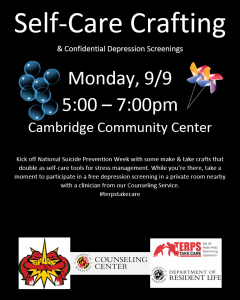 Self-care crafting and depression screenings 9/9, 5-7pm, Cambridge Community Center